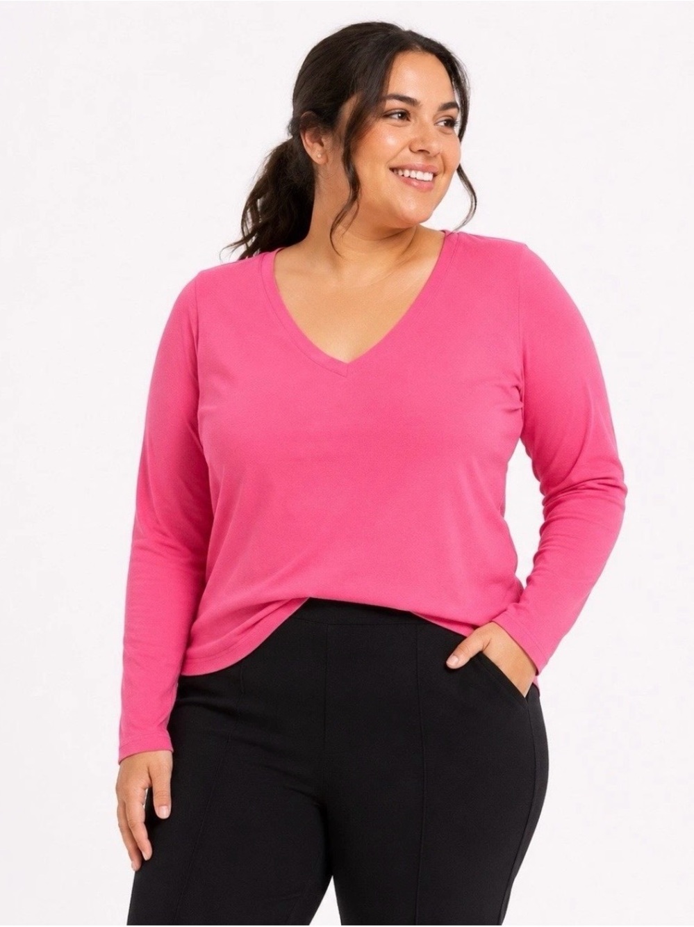 a new day Women's Sculpt Long Sleeve V-Neck Top Pink Size XXL